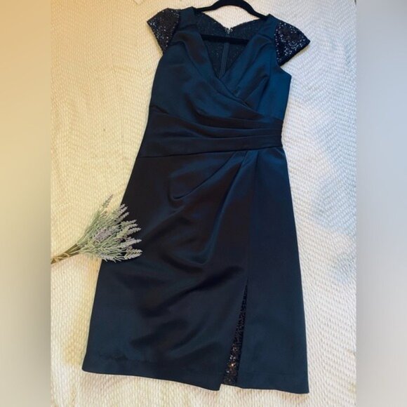 Jasmine Elegant Black Satin & Sequined Cap Sleeve Cocktail Formal Dress Size 6 - Picture 3 of 11